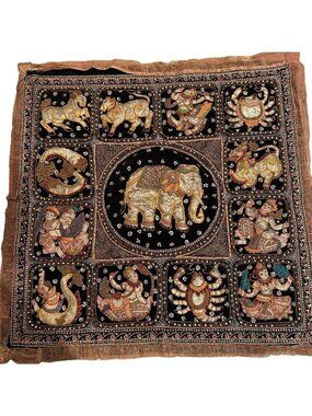 Indian Thai Zodiac Tapestry Vintage Zodiac Wall Decor Sequin Hand Embroidered